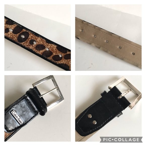 Vtg Calvin Klein Brown Black Leather Belt Womens Size M Cow Fur Spots Cowgirl - Picture 8 of 16